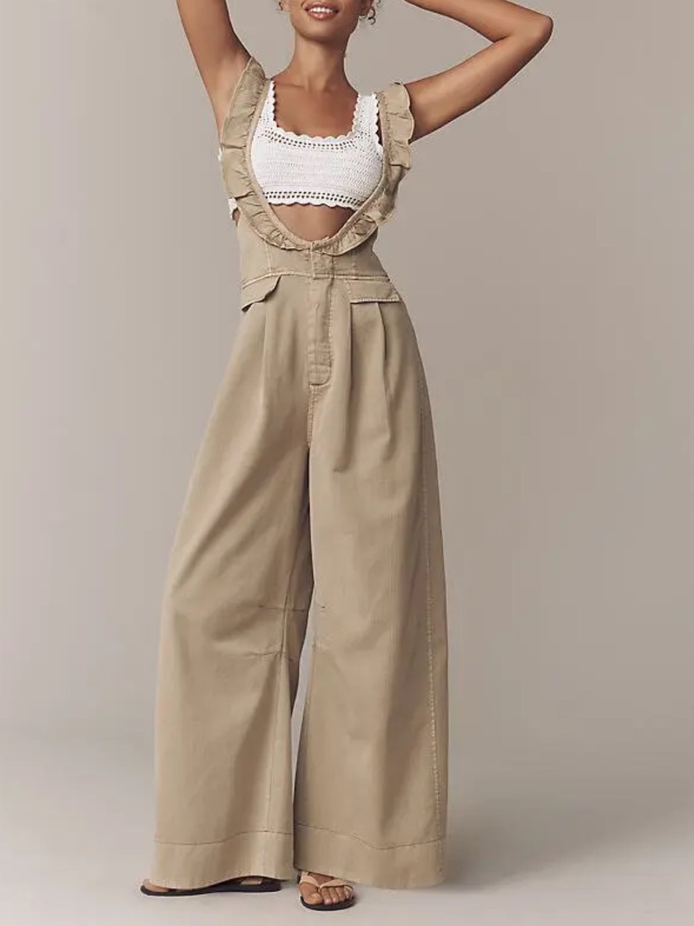 NWT Anthropologie Safari Ruffle-Strap Wide-Leg Overalls in Khaki